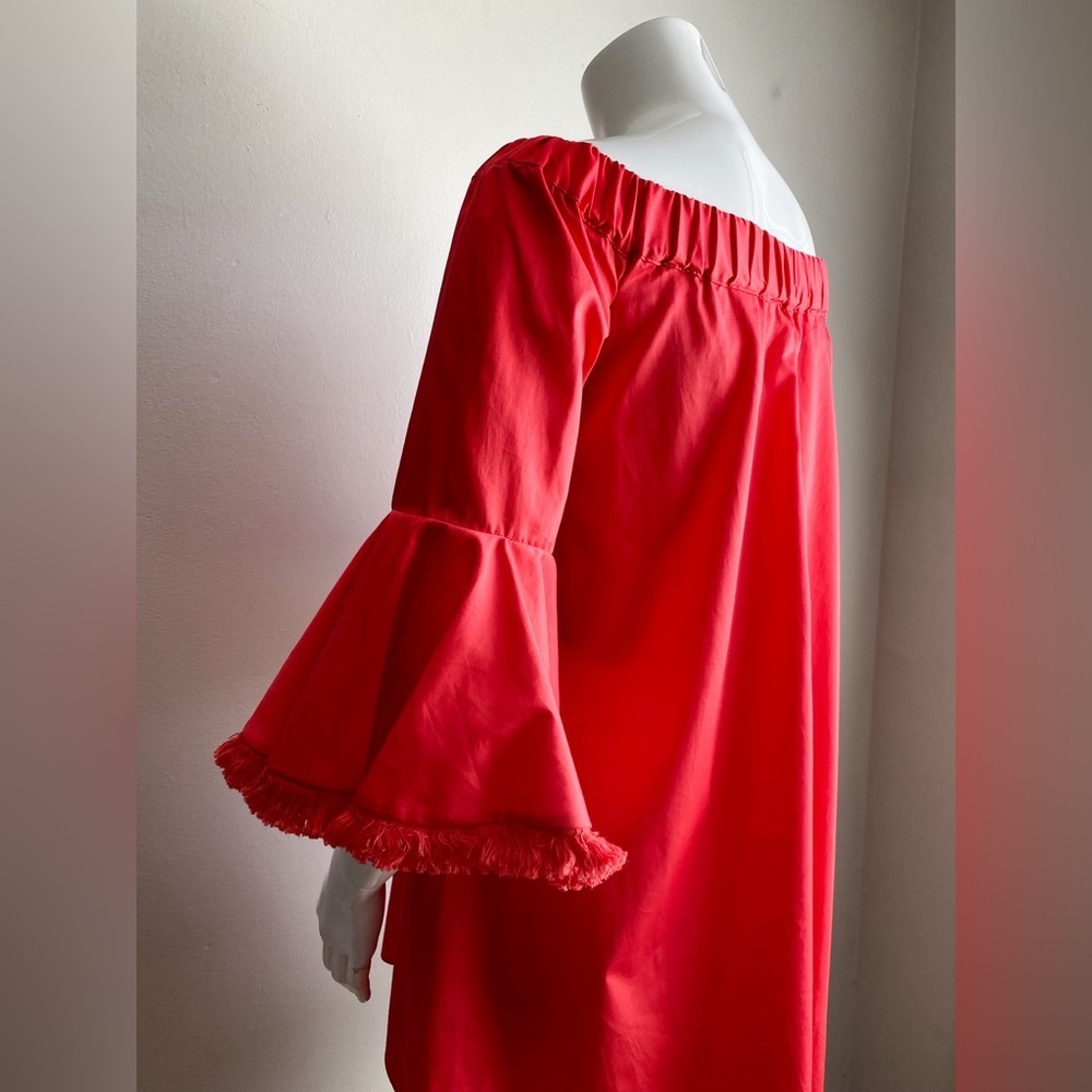 $398 N/Nicholas Red Bell Sleeve Off Shoulder High Low Cotton Mini Dress Vacation - Picture 12 of 13